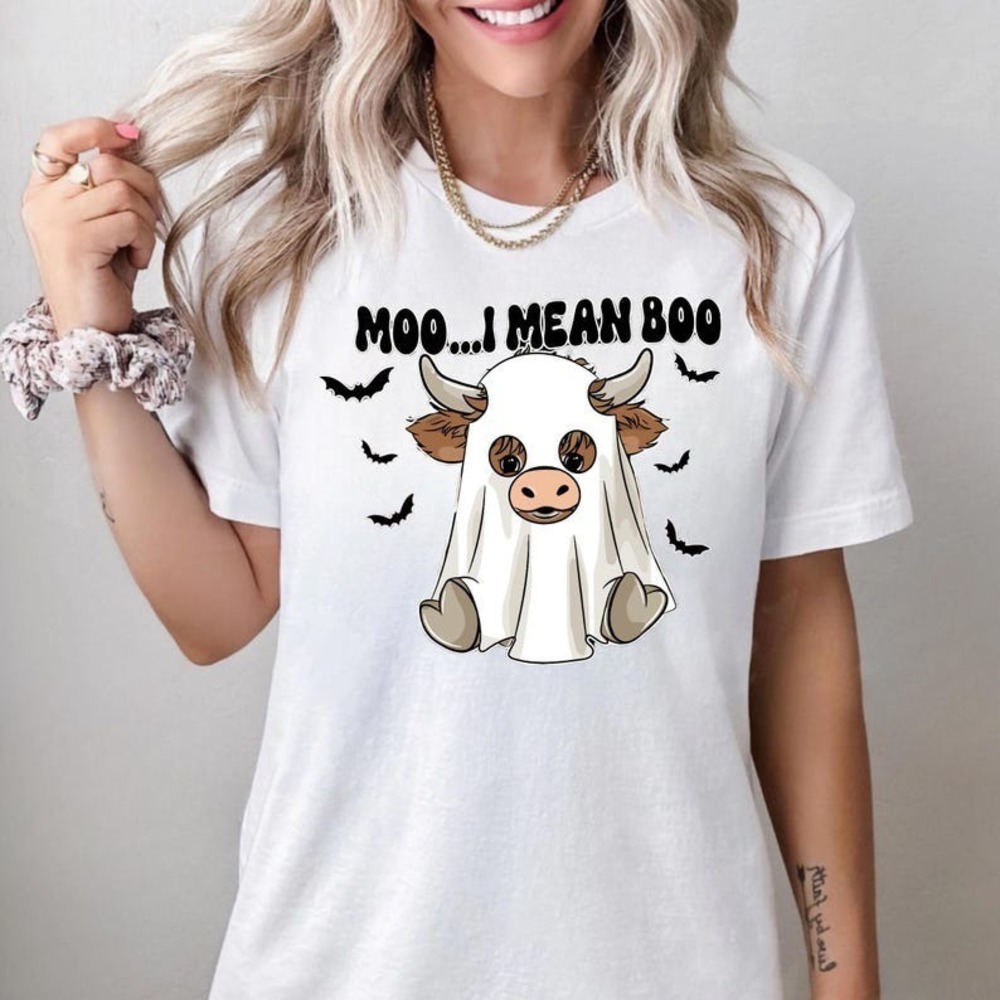 Moo I Mean Boo Funny Halloween Shirt Spooky Cow Western Ghost Kids Tee